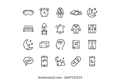 A collection of simple black line icons representing various aspects of sleep and bedtime routines. Includes items like a bed, alarm clock, moon, and sleep m...