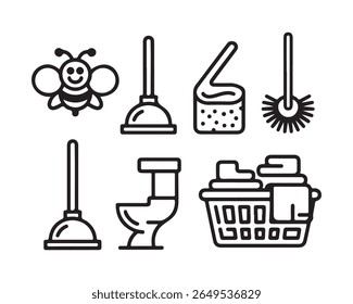 A collection of simple black line icons representing household cleaning and hygiene items, including a bee, plungers, a toilet brush, a toilet, a sponge, and a laundry basket, 
