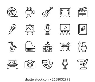 Una colección de simples iconos de línea negra que representan varias formas de arte y actividades de entretenimiento.