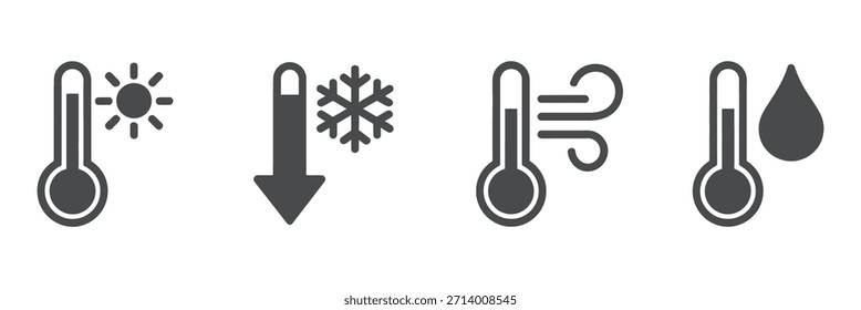 Uma coleção de ícones simples de linha preta exibindo várias condições climáticas e leituras de temperatura para comunicação visual