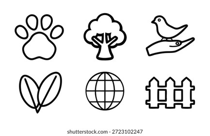 Eine Sammlung von einfachen schwarzen Linien-Symbolen, die umweltfreundliche Konzepte darstellen, darunter ein Pfotenabdruck, ein Baum, ein Vogel auf einer Hand, ein Blatt, eine Kugel und ein Taschenzaun, alles auf sauberem, weißem Hintergrund.