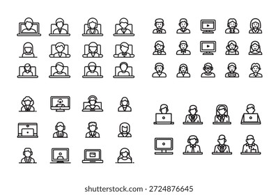 Collection of simple black line icons representing people using computers and headsets for communication