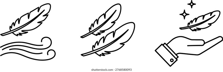 A collection of simple black line icons featuring feathers showing concepts of air, breeze, and weightless handling of delicate natural bird plumage for minimalist graphic design.