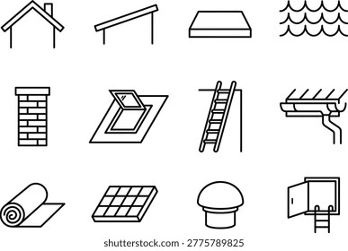 A collection of simple black line icons depicting various roof types, construction materials, attic access, and maintenance tools for building projects.