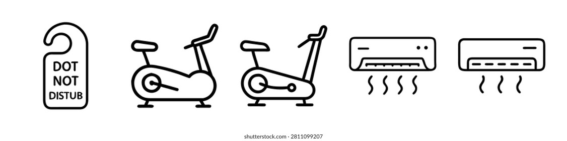 A collection of simple black line icons depicting a door hanger, exercise bikes, and air conditioning units for modern design
