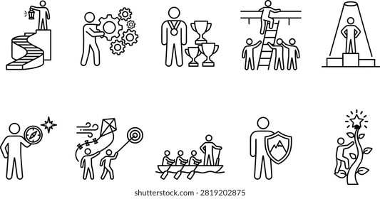 A collection of simple black line icons on a white background depicting various teamwork, success, and achievement themes.