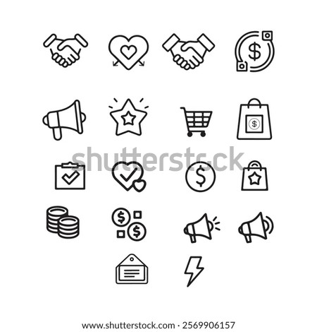 Collection of Simple, Black Line Icons Representing E-commerce and Business Concepts