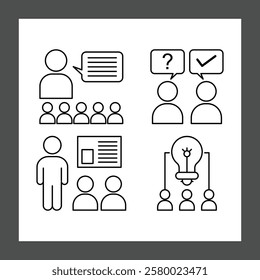 A collection of simple black line illustrations representing various educational and professional scenes