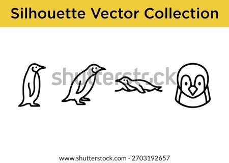 A collection of simple black line silhouette vector illustrations featuring penguins and a seal.