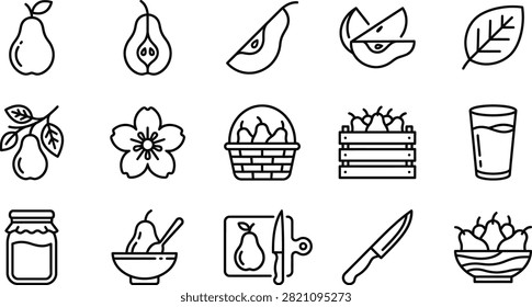 A collection of simple black line vector icons depicting fresh pears, fruit slices, juice, jam, and orchard harvest.