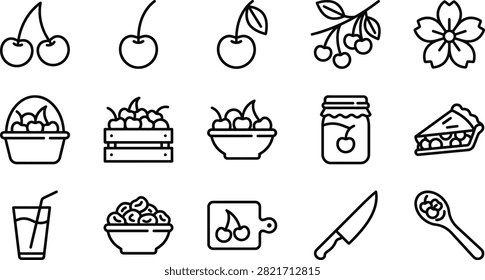 A collection of simple black linear icons featuring cherry fruits, blossoms, kitchen tools, and delicious baked food items.