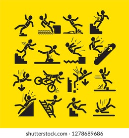 Collection of simple black linear person in situations of falling and injuring as warning signs on yellow background