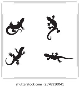 A collection of simple, black Lizard silhouette siting on branches in a white background.