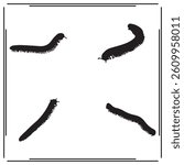 
A collection of simple black Millipede silhouette siting on branches in a white background.