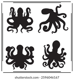 A collection of simple, black Octopus silhouette siting on branches in a white background.