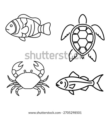 A collection of simple black outline drawings depicting various aquatic creatures, including a clownfish, a sea turtle, a crab, and a generic fish, on a white background.