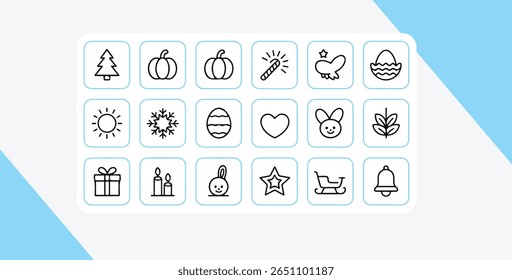 A collection of simple black outline icons representing various holidays and seasons, displayed on a white rounded rectangle against a light blue and white background.