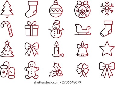 Collection of simple black outline icons representing various christmas and winter holiday symbols, perfect for festive design elements