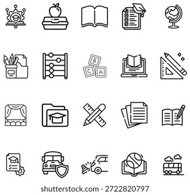Una colección de contorno negro simple que representa varios aspectos de la educación y la vida escolar. educación, escuela, aprendizaje.