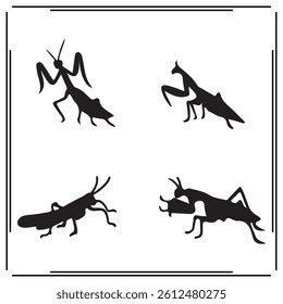 
A collection of simple, black Praying Mantis silhouette siting on branches in a white background.
