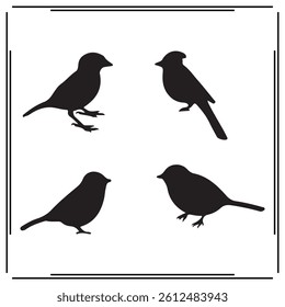 
A collection of simple, black Robin silhouette siting on branches in a white background.

