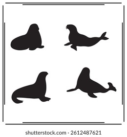 
A collection of simple, black Sea Lion silhouette siting on branches in a white background.
