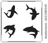 A collection of simple, black Shark silhouette siting on branches in a white background.