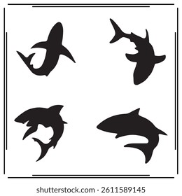 A collection of simple, black Shark silhouette siting on branches in a white background.