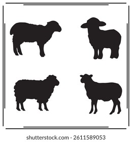 A collection of simple, black Sheep  silhouette siting on branches in a white background.