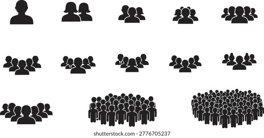 A collection of simple black silhouette icons depicting various human group sizes ranging from individuals to large crowds and populations, perfect for use in business presentations, statistical data visualization, and social research infographics.