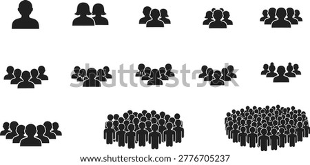 A collection of simple black silhouette icons depicting various human group sizes ranging from individuals to large crowds and populations, perfect for use in business presentations, statistical data visualization, and social research infographics.