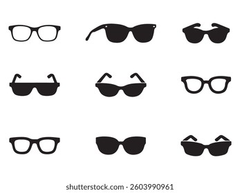 Collection of simple black silhouettes of different eyeglasses and sunglasses styles.