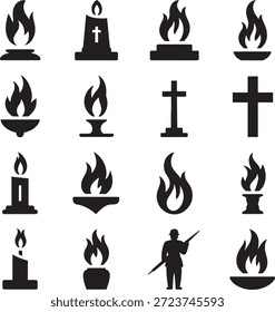 Colección de siluetas negras simples con varios símbolos de llamas y cruces sobre un fondo blanco, mostrando diferentes diseños de velas y fuego, utilizados con fines religiosos o simbólicos.