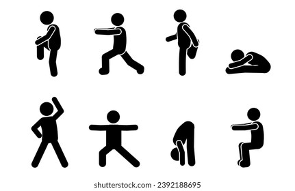 Collection of simple black silhouettes of people doing warm-ups and gymnastics on a white background.