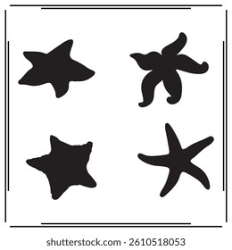 A collection of simple, black Starfish silhouette siting on branches in a white background.