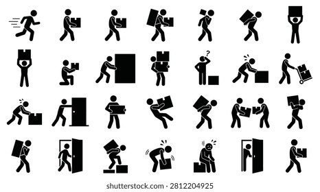 A collection of simple black stick figure icons depicting various actions like moving boxes, carrying packages, and delivering items for logistics and shipping concepts.