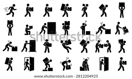 A collection of simple black stick figure icons depicting various actions like moving boxes, carrying packages, and delivering items for logistics and shipping concepts.