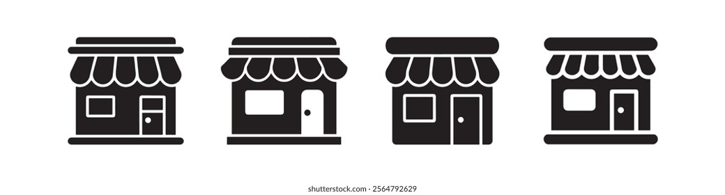 A collection of simple black storefront icons featuring awnings, windows, and doors, perfect for business logos, web design, and creative projects.