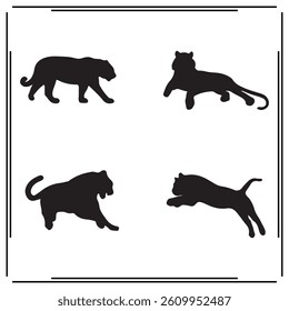 
A collection of simple, black Tiger silhouette siting on branches in a white background.
