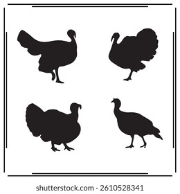 A collection of simple, black Turkey silhouette siting on branches in a white background.
