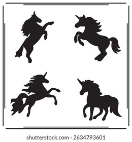 A collection of simple, black Unicorns silhouette siting on branches in a white background.