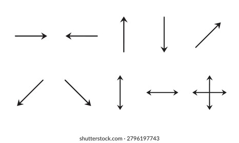 A collection of simple black vector arrow icons pointing in various directions, including horizontal, vertical, and diagonal orientations, isolated on a clean white background.