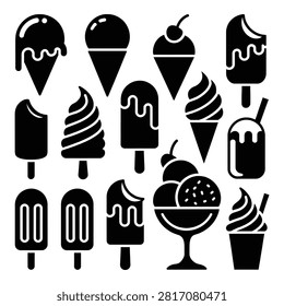A collection of simple black vector graphics depicting various frozen desserts including ice cream cones popsicles sundaes and milkshakes isolated on transparent background