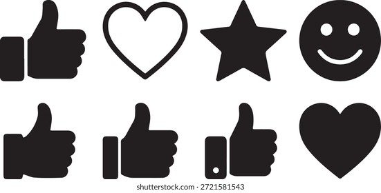Sammlung einfacher schwarzer Vektorsymbole für das Engagement in sozialen Medien, die Daumen hoch, Herz, Stern und Smiley-Gesichtssymbole zeigen.