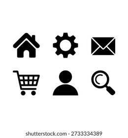 A collection of simple black vector icons representing common website functions