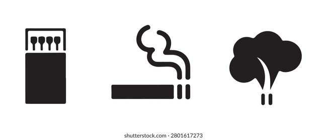 Collection of simple black vector icons depicting fire related items including matchbox smoke and burning cigar.