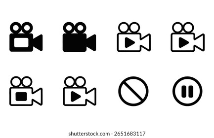 Collection of simple black video camera icon set, featuring film recorder with play, pause, and stop signs. The vector icons are isolated on transparent background.