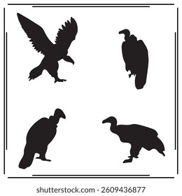 A collection of simple, black Vulture silhouette siting on branches in a white background.

