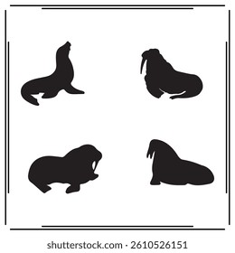 A collection of simple, black Walruses silhouette siting on branches in a white background.
