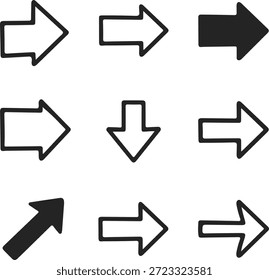 Colección de simples iconos de flecha en blanco y negro que apuntan en varias direcciones